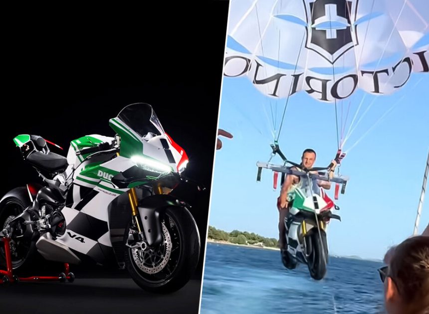 Un millonario ha dejado la imagen más rocambolesca del verano: una Ducati de 75.000 euros volando en un parapente atado a una lancha
